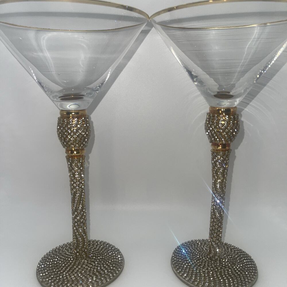 Set Of Gold 8-3/4" Martini Glasses Bing With Rhinestones